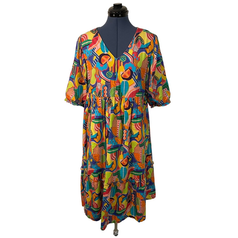 Briton Court Womens Abstract Geometric Cotton Tiered Dress Tropical Artsy Boho M
